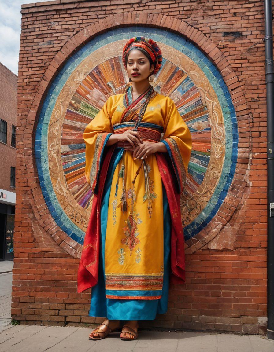 A vibrant street mural depicting diverse individuals expressing their unique identities through art, surrounded by symbolic elements representing various alternative cultures like traditional garments, instruments, and art forms. The scene should inspire a sense of freedom and creativity, with bright colors emanating from the artwork, blending seamlessly into an urban setting. super-realistic. vibrant colors. urban background.