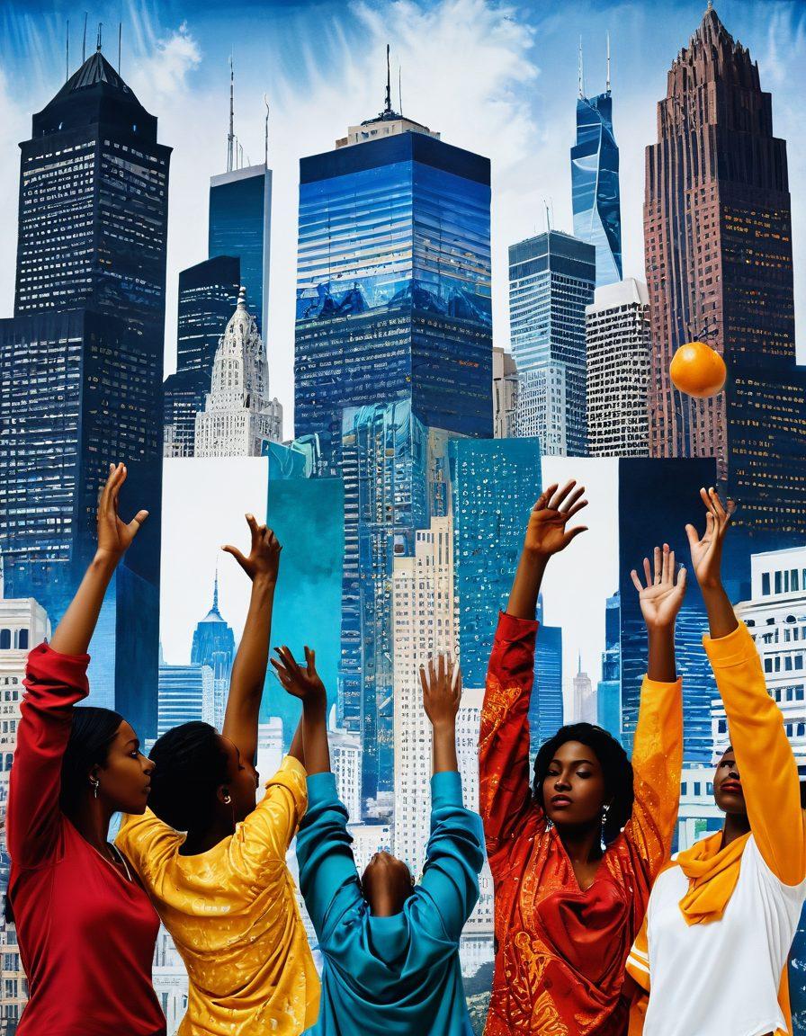 A vibrant collage illustrating a tapestry woven with threads representing diverse lifestyles: a cityscape with modern and historical architecture juxtaposed, colorful fruits and spices showcasing cultural cuisines, individuals engaged in various artistic expressions, and open books with hands hovering above them, symbolizing personal stories. super-realistic. vibrant colors. textured elements.