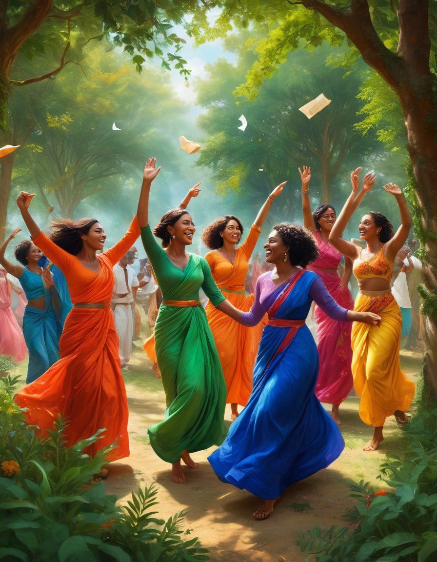 A vibrant scene depicting an eclectic gathering of people celebrating freedom and diversity: some engaged in expressive dance, others sharing art and ideas amidst lush greenery. Incorporate symbols of liberation like open books and flowing fabric to represent free expression. The atmosphere should feel inviting and joyous, with contrasting lifestyles harmoniously coexisting. Use bright colors and dynamic compositions to evoke a sense of adventure and exploration. digital painting. vibrant colors.